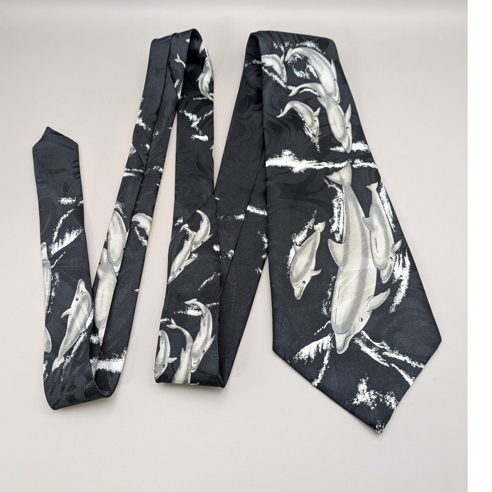 Renaissance Mens Dolphin Marine Life Graphic‎ Necktie Black Wide Hand Made Tie